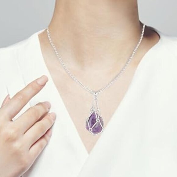 Women's Interchangeable Silver Amethyst Crystal Stone Luxury Cage Pendant - Picture 5 of 5